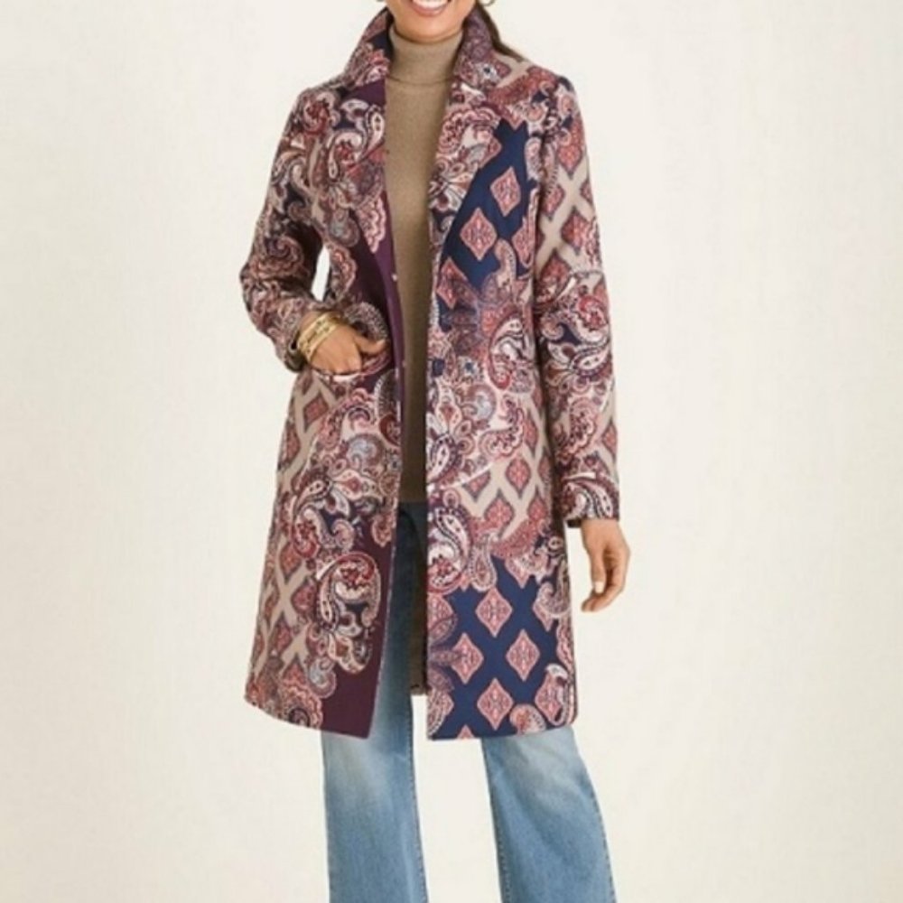 NWT Chico’s patched-print paisley long coat. 2p/12